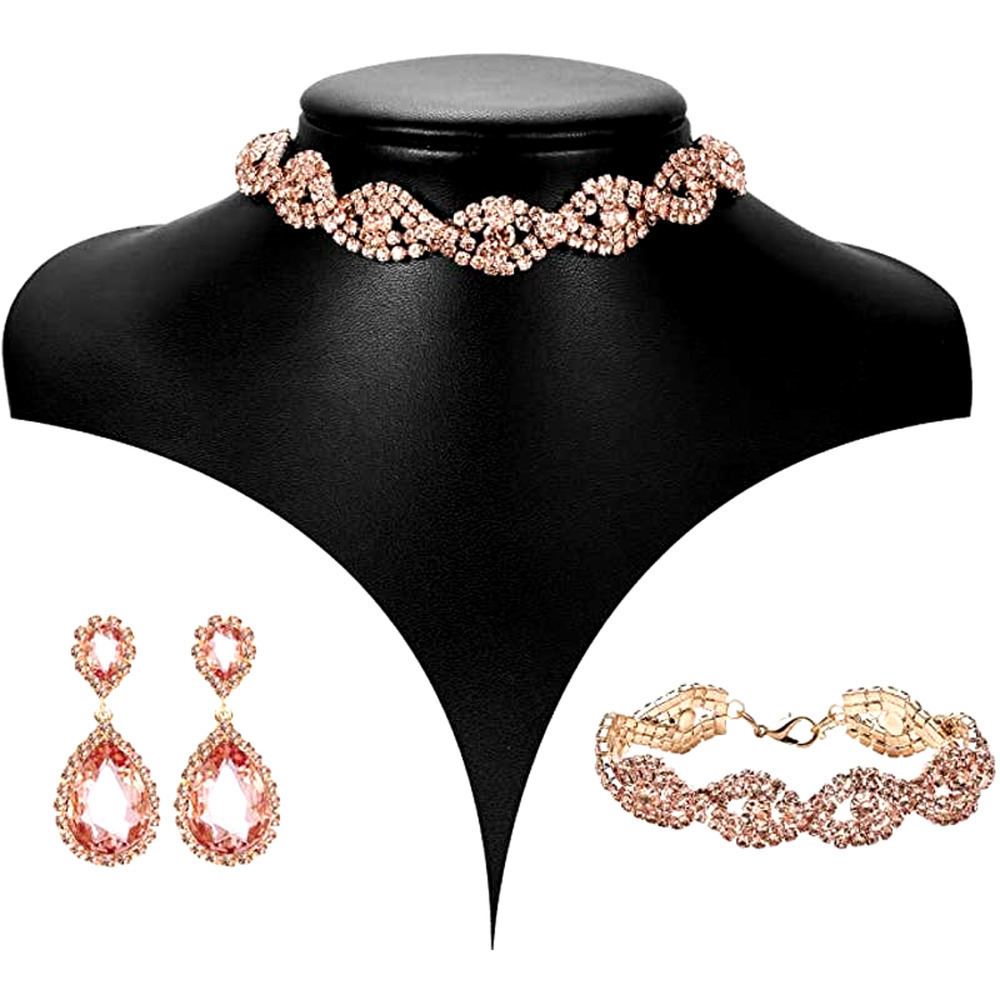 Peach Crystal Necklace Set CZ Cubic Rhinestone Necklace Bracelet Earrings Set
